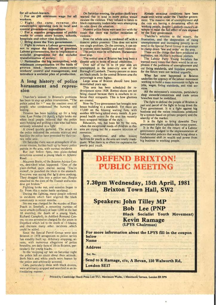 Beixton Riots 1981 Socialist responses to Brixton riots 1981 – Radical Lambeth